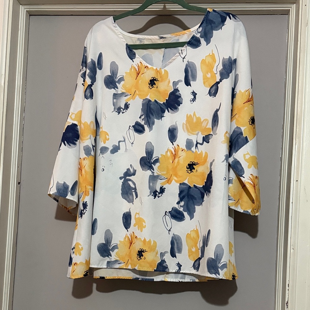 Elegant Floral Women's Blouse in Yellow and Blue